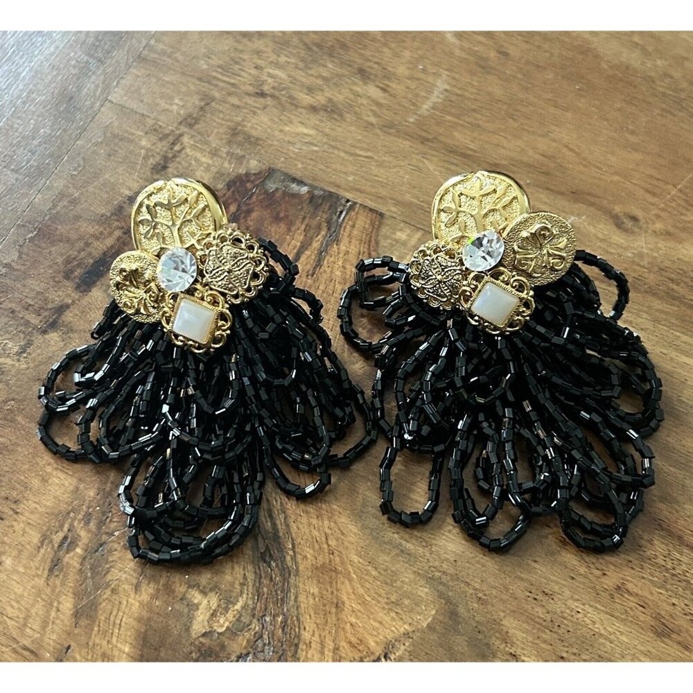 Vintage Black Beaded & Gold Clip Earrings Dangle statement waterfall Drop 80s